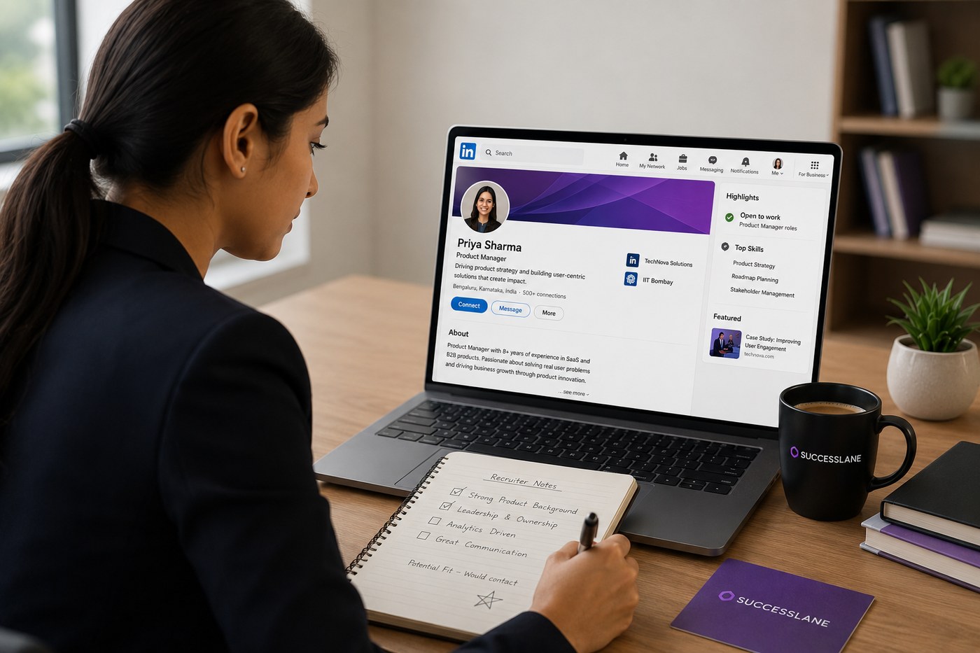 A recruiter reviewing a candidate's LinkedIn profile, taking notes on strengths and fit