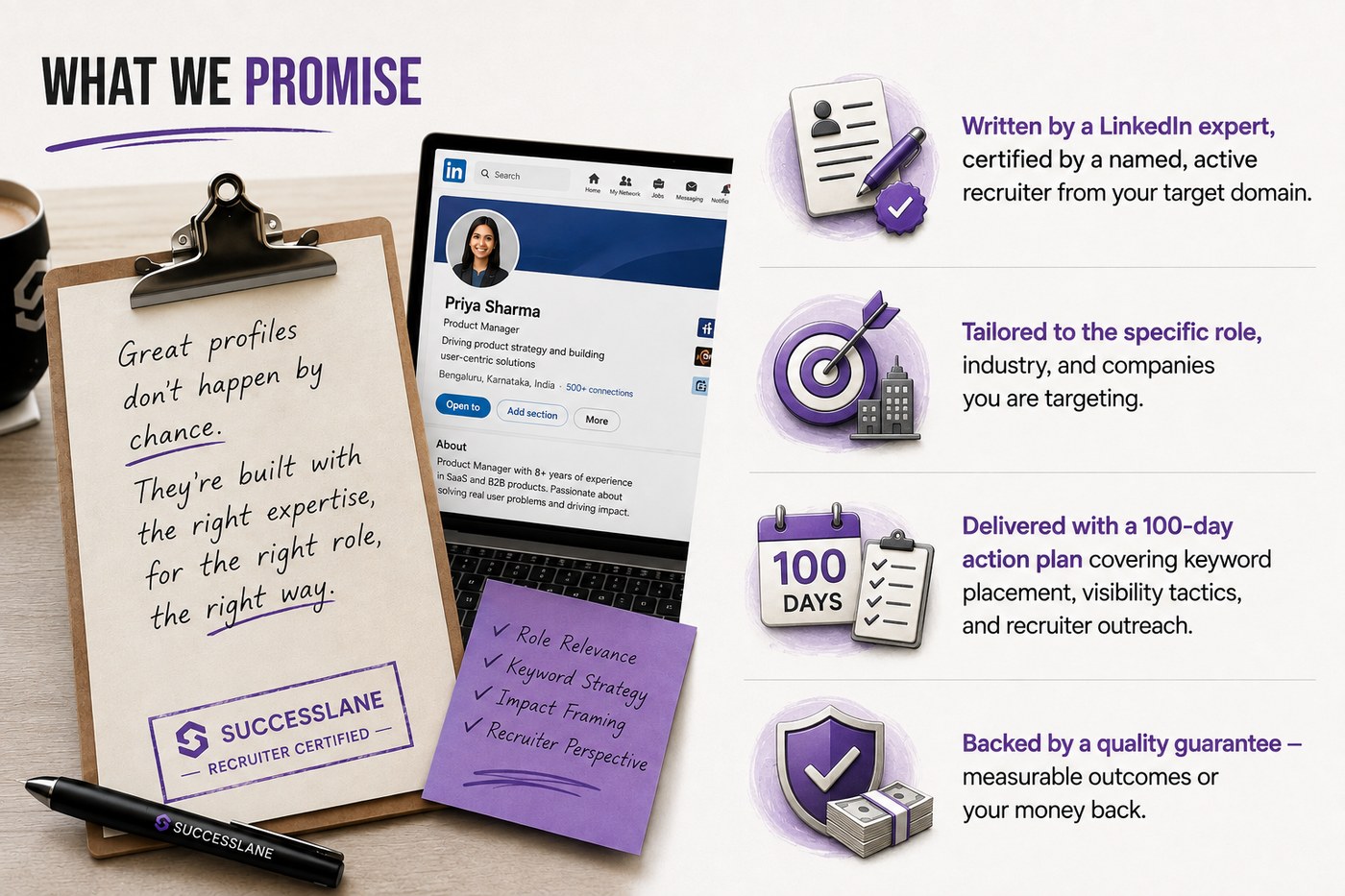 What we promise: written by a LinkedIn expert and certified by a named recruiter, tailored to your target role, delivered with a 100-day action plan, backed by a quality guarantee